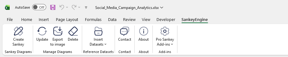 SankeyEngine Free Excel Sankey Diagram Add-in ribbon UI new 2026