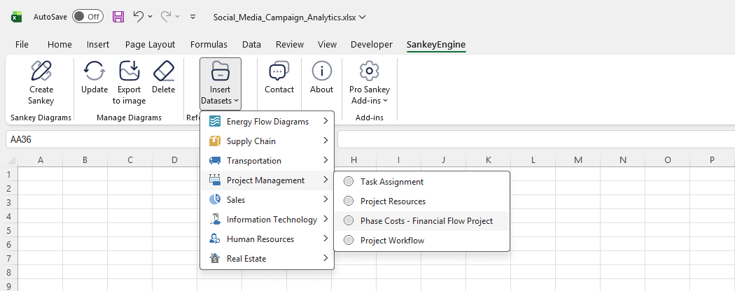 Select chart data or use the built in templates - SankeyEngine Excel add-in